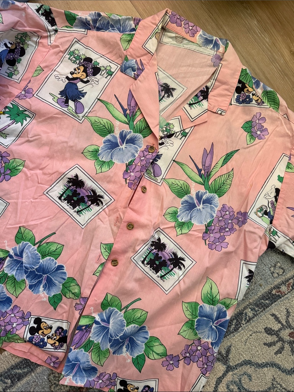 Vintage Pink Floral Hawaiian Button-Up Shirt with Mickey/Minie/Pluto Panels M
